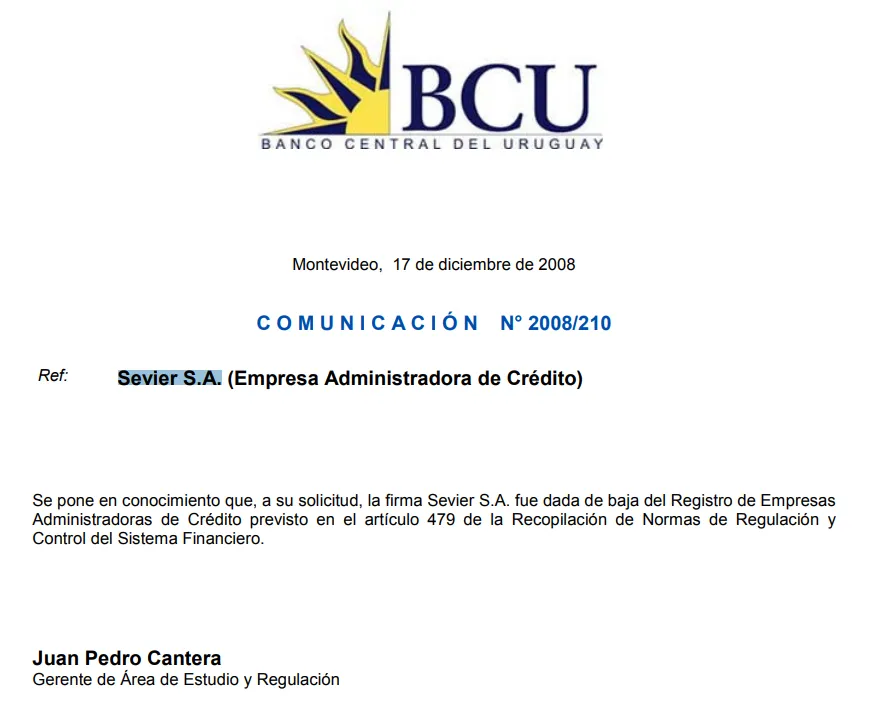 SEVIER S.A. Comunicado del BCU